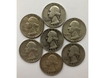 7 Washington Quarters Dated 1943, 1946, 1950, 1951, 1952D, 1963D, 1964
