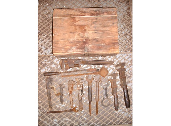 Great Lot Of Antique Tools In Old Wood Box ~ Crescent ~ FORD ~ Pipe Wrenches ~ Copper Heat Sink & More...
