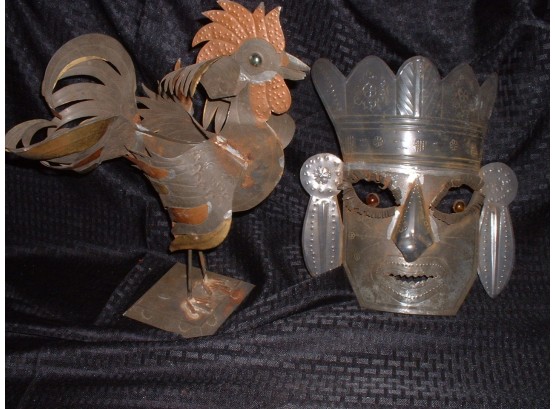2 Metal Sculptures / Art ~ 13 Inch Rooster & 11 Inch Mask