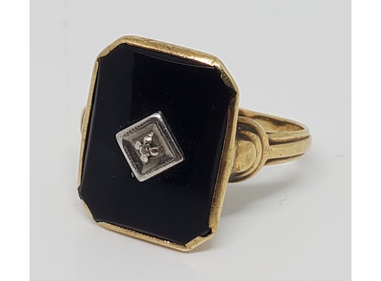 Beautiful Vintage 10K SOLID GOLD ~ Black Onyx & Diamond Ring ~ Size 7
