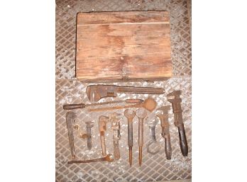 Great Lot Of Antique Tools In Old Wood Box ~ Crescent ~ FORD ~ Pipe Wrenches ~ Copper Heat Sink & More...