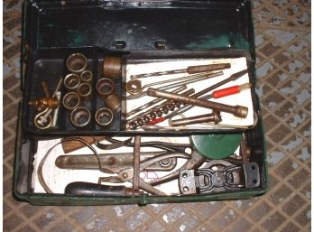 A Small Toolbox Filled With Vintage Tools ~ Vintage Ratchet Wrench Set ~ Oil Filter Wrench ~