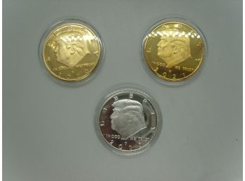 Set Of 3 Donald Trump Coins ~ 2 Gold Color And One Silver ~ Two 2020 & One 2021