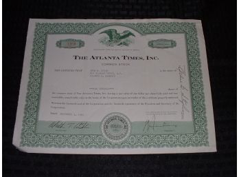 Vintage 1961 Stock Certificate For 100 Shares Of ~ The Atlanta Times Inc ~