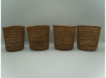 Set Of 4 VINTAGE WOVEN WICKER Mid Century Glass CUP HOLDER GLASS