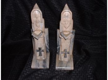 2 Vintage Hand Carved Marble Monks ~ Priests ~ Christian Bookends Or Shelf Art