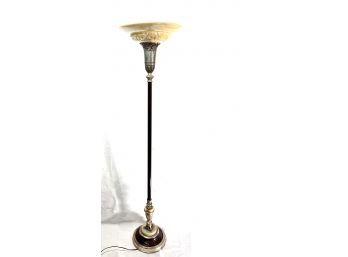 Antique • Art Nouveau • Silvertone Metal, Onyx And Wood Base With High Relief Embossed Cream Color Glass Shade