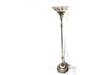 Antique • Art Deco • Cast Metal Post • Glass Shade • Highly Detailed Floral Filigree Base With Rolled Feet