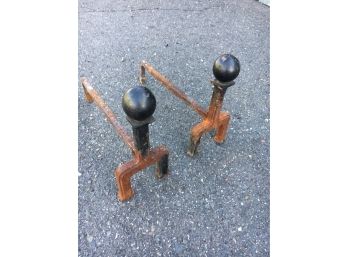 Vintage Cast Iron Cannonball Andirons, Nice Solid Pieces, 18' Length