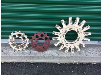 Trio Of Decorative Wall Art Wood Gears, 12' And 20' Diameter