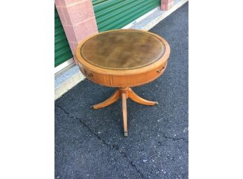 Vintage Leather Top Drum Table With Drawer From G Fox & Co, Excellent Condition