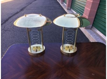 Pair Of Mid Century Brass Mushroom Lamps With UFO Shades, Great Set