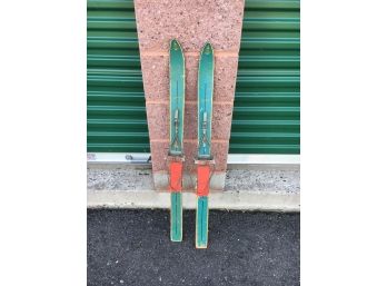 Pair Of Antique Childs Wood Skis In Robins Egg Blue Paint, By Allgau Ski Junior Model With Bindings