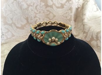 Joan Rivers Seashell Themed Bracelet With Faux Turquoise Enameling, Rhinestones, Etc.