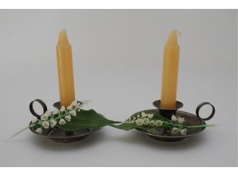 Cute Two Piece Set Of Silver On Brass Candlesticks