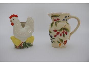 Two Piece Hand Painted Decorative Rooster Container And Grape Vine Water Pitcher