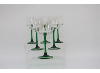 Set Of Six Green Stem French Wine Glasses