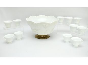 Vintage Milk White Punch Bowl And Eleven Cup Set