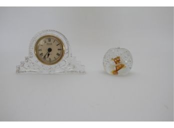 Two Piece Small Crystal Clock And Glass Paperweight