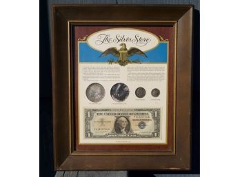 'The Silver Story' Framed Display- Silver Certificate, Morgan Dollar, Granules, Silver Nickel & Dime