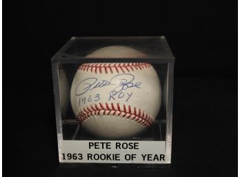 Signed 1963 ROY Pete Rose Baseball In Case With COA