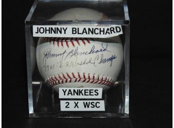 Signed Ny Yankees  Johnny Blanchard 2 Times World Series Champ Baseball In Case