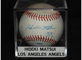 Signed NY Yankees Hideki Matsui Baseball In Case