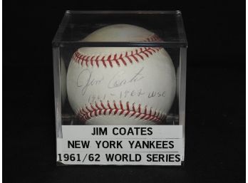 Signed NY Yankees Jim Coates 1961 & 1962 World Series Ball In Case With COA Holo