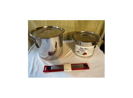Two Stainless Stock Pots - 8qt, 16qt   Brand New Cuisipro Accutec Dual Grater.