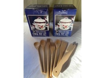 Two Sets Of Porcelain On Steel Stock Pots - 9 Pieces Each. Plus Assortment Of Wooden Utensils