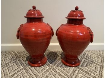 Pair Of Glazed Terracotta Urns