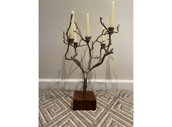 Rustic Metal Tree Candelabra With Wooden Base
