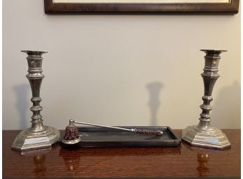 Pottery Barn Tray, Candle Snuffer And Pair Of Candlesticks