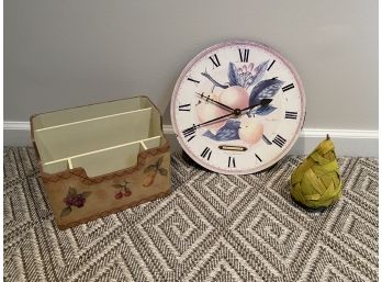 Decorative Pastel Wall Clock, Mail Organizer And Pear
