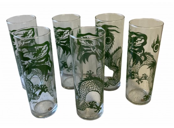 Lot (A) Of  Six Tall  6 3/4' Vintage Green Dragon Glasses