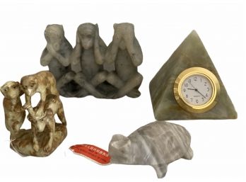 Carved Onyx Monkeys,  Turtle And Pyramid Clock