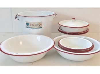 Vintage Lot Red Rimmed Enamel Kitchenware
