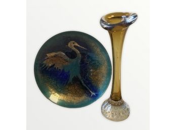 MCM  7' Enamel Bird Plate +  8' Murano Glass Bud Vase