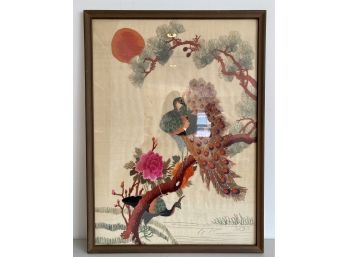Fine Embroidered Chinese Silk Of Peacock In Tree With Sun