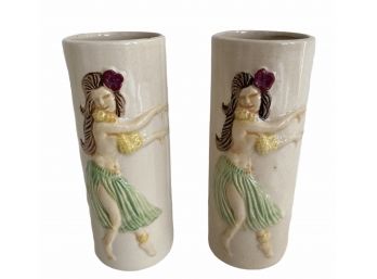 Pair (B) Of  Vintage Hula Girl Tall Ceramic Cocktail Glasses 6' Tall