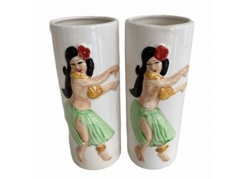 Pair (A) Of  Vintage Hula Girl Tall Ceramic Cocktail Glasses 6' Tall