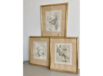 Three Monotone German Art Prints In Gold Frames