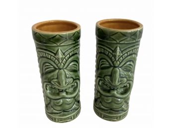 Pair Of Vintage Green Tiki Tall Ceramic Cocktail Glasses 6 1/2' Tall