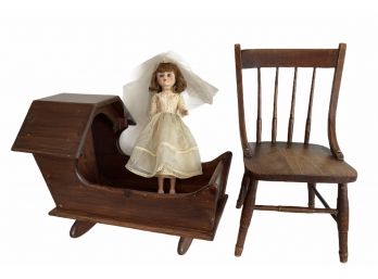 Vintage Child's Chair, Doll Cradle & Bridal Doll
