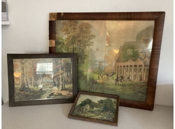 Group Of Three Antique Tinted Prints - MT Vernon, Cottage And Deer In Woods