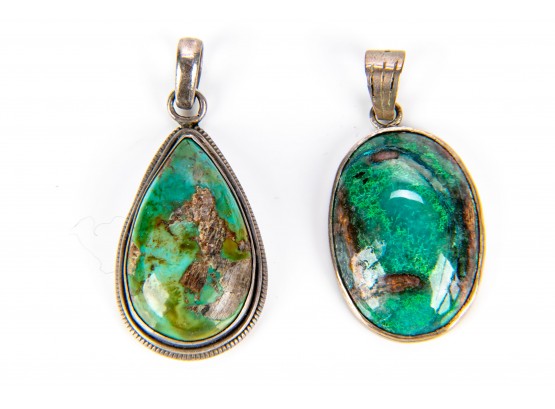 Two Sterling Silver With Beautiful Green Turquoise Pendants