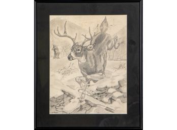 Signed Graphite On Paper Depicting A Hunter On The Trail Of A 8 Pt. Buck