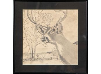 Signed Graphite On Paper Depicting A Hunter Taking Aim At A Buck
