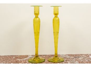 Pair Of Yellow Glass Candlesticks