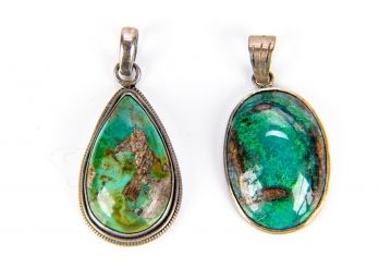 Two Sterling Silver With Beautiful Green Turquoise Pendants